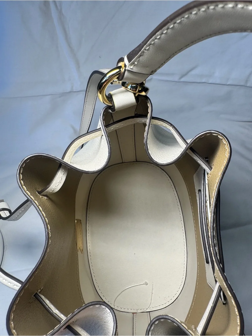 Michael Kors Cream Leather Mini Drawstring Bucket Bag with Gold MK Hardware